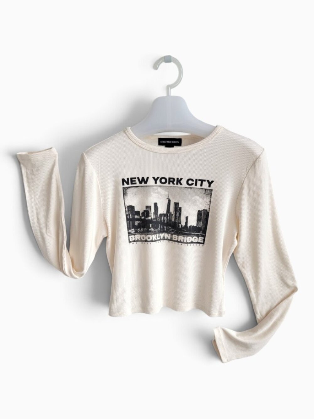 Streetwear Society NYC Brooklyn Bridge Graphic Ribbed Crop Top L Y2K